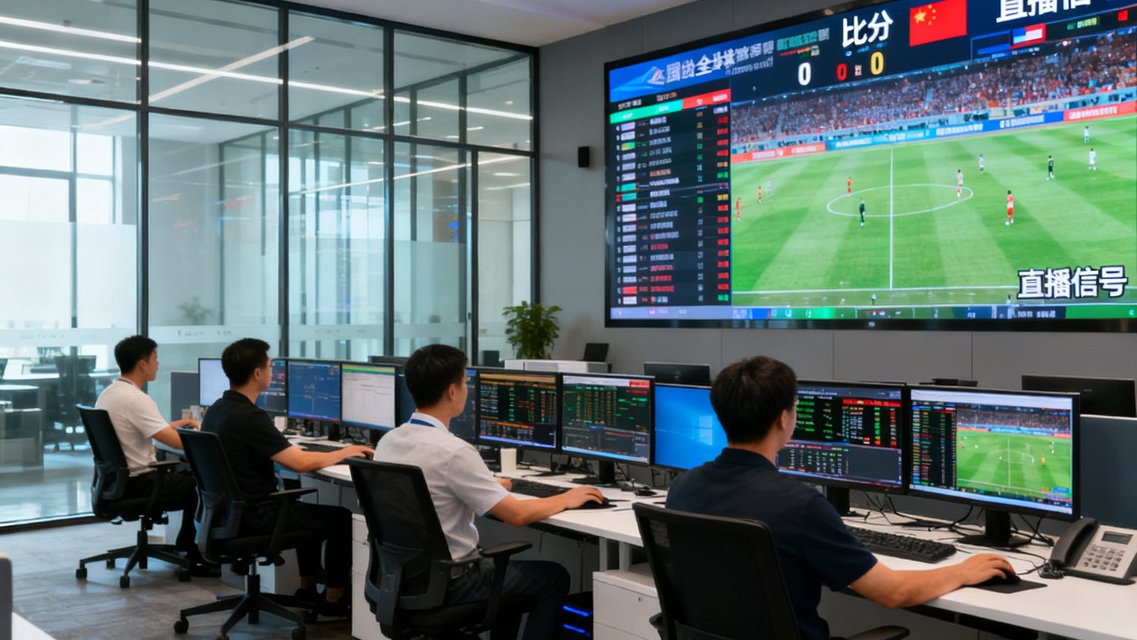 6686体育公司总部办公室内景，开放式办公区中员工正在多屏工作站上监控全球赛事数据，墙面大屏实时显示比分和直播信号